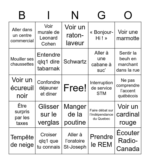 Montréal Bingo Card