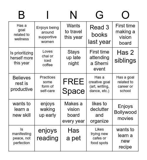 Sherni Vision Board Bingo Card