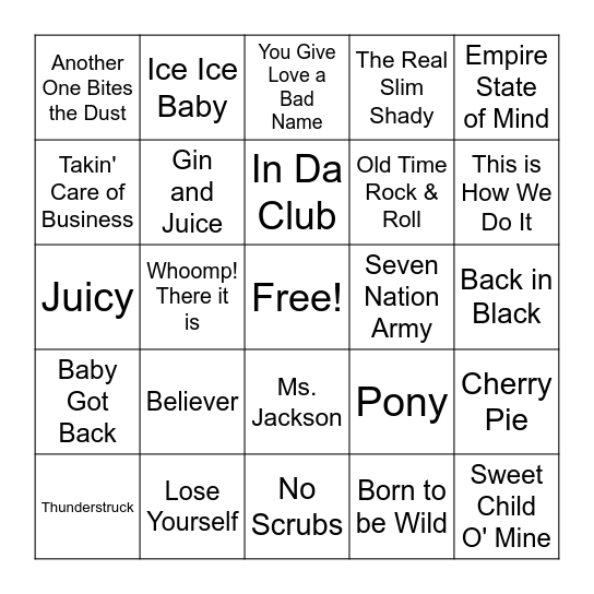 3 R's- Rap, Rock, & R&B Bingo Card
