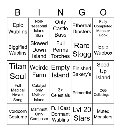 My Singing Monsters Bingo Card