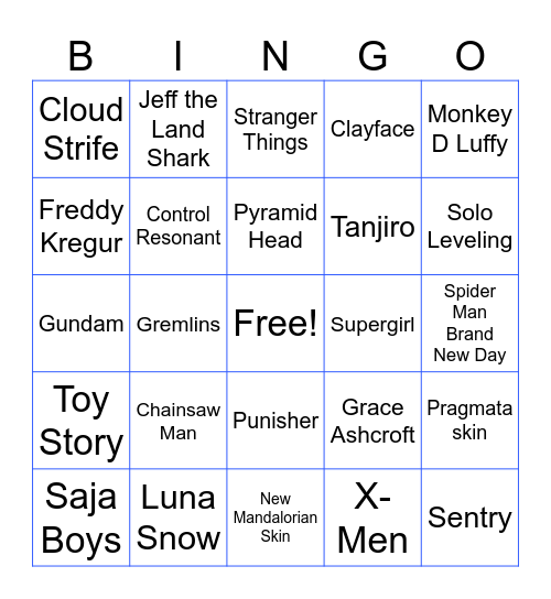 Fortnite Skins 2026 Bingo Card
