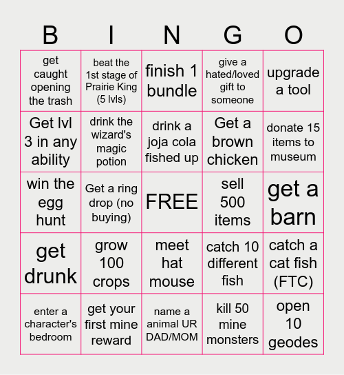 Stardew Valley Early Game Bingo Card