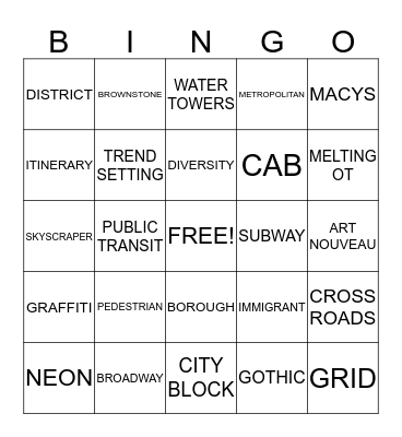 NEW YORK CITY Bingo Card