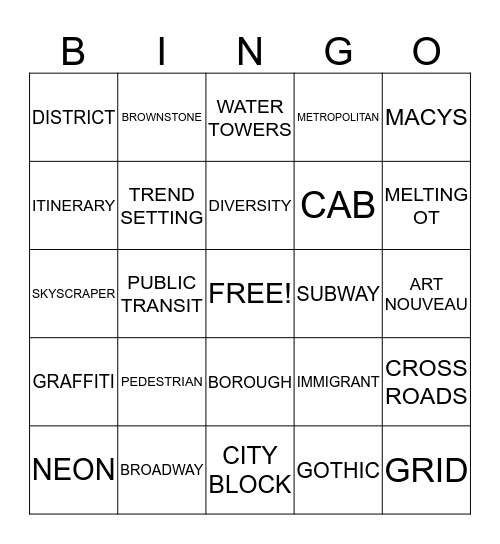 NEW YORK CITY Bingo Card