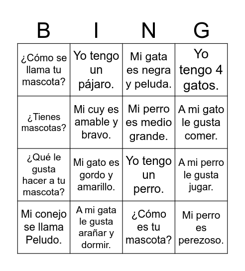Las mascotas Bingo Card
