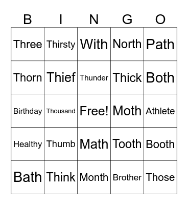 Th sounds Bingo Card
