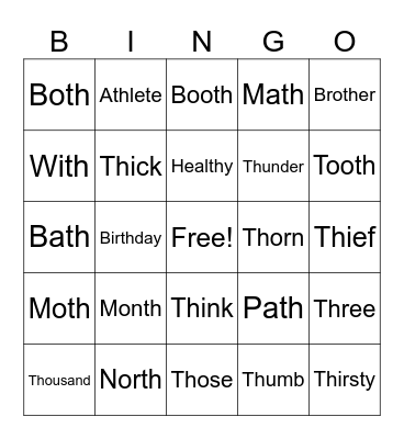 Th sounds Bingo Card