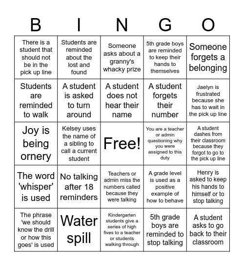 Millersburg Elementary Parent Pick-Up Bingo Card