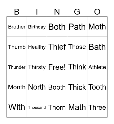 Th sounds Bingo Card