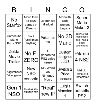 Nintendo 2026 Bingo Card