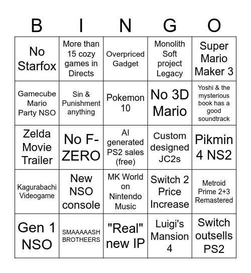 Nintendo 2026 Bingo Card