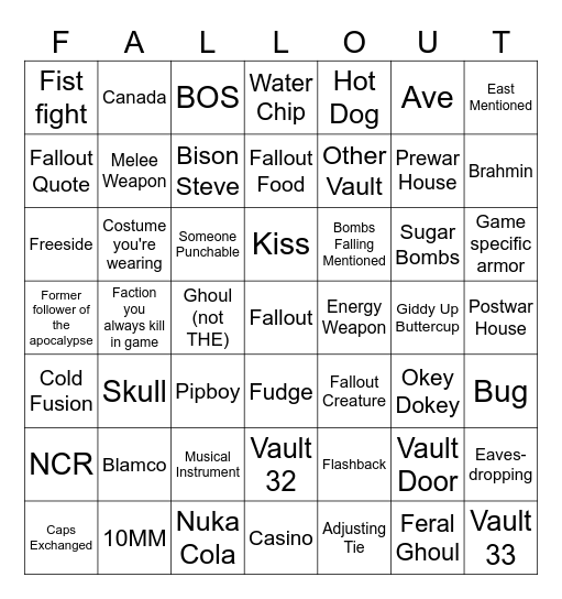 Fallout S2 Watch Party E234 Bingo Card