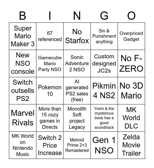 Nintendo 2026 Bingo Card