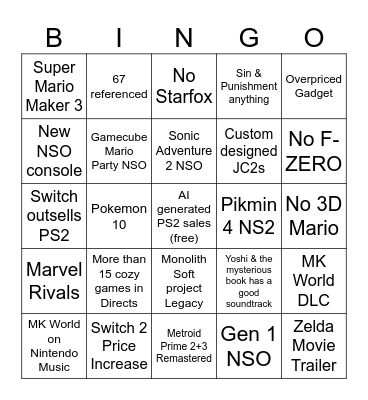 Nintendo 2026 Bingo Card