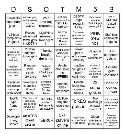 Super DSOTM Tower Reveal Bingo! Bingo Card