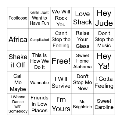Ultimate Sing Along Anthems Bingo Card