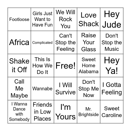Ultimate Sing Along Anthems Bingo Card