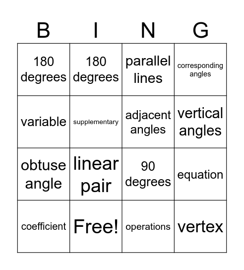 Angle Relationships Bingo Card