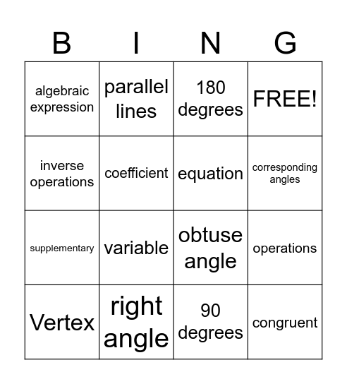 Angle Relationships Bingo Card