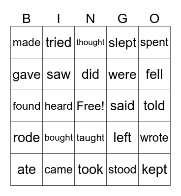 Strong Verbs Past Tense Bingo Card