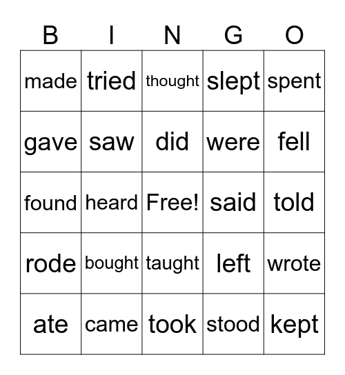 Strong Verbs Past Tense Bingo Card