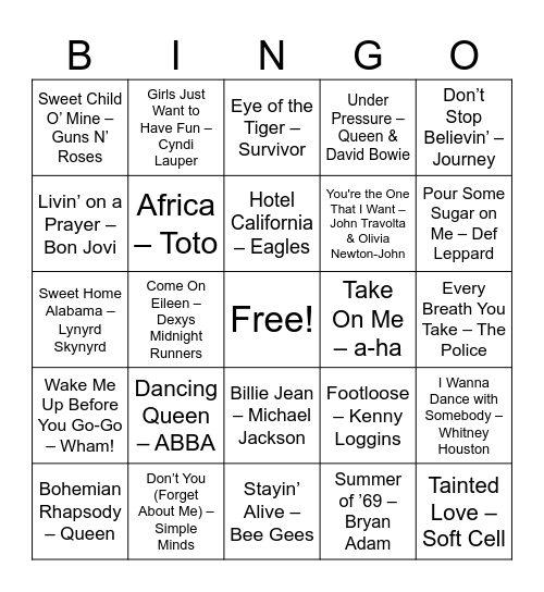70s and 80s Bingo Card