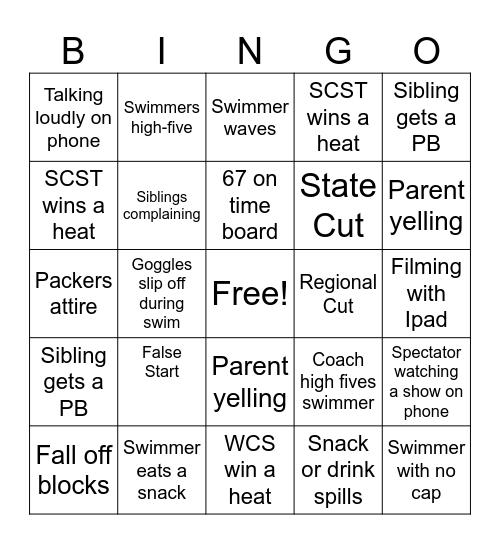 Swim Meet Bingo Card