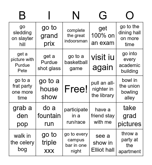 Purdue Pre-Grad Bingo Card