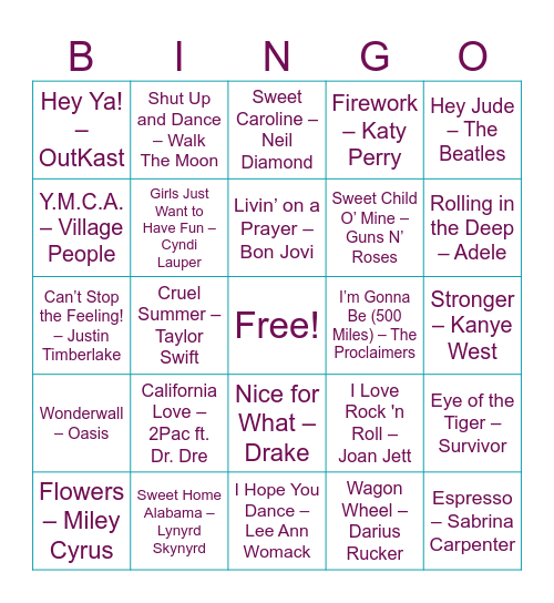 Music Bingo Card