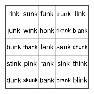 Glued nk sounds Bingo Card