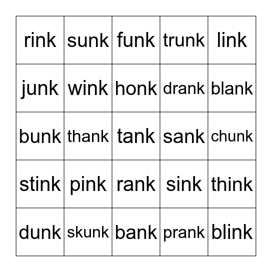 Glued nk sounds Bingo Card