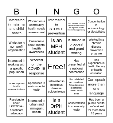 Speed Networking Public Health Bingo Card