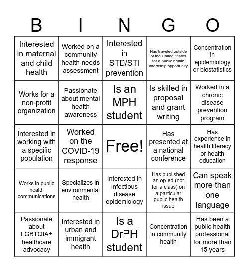Speed Networking Public Health Bingo Card