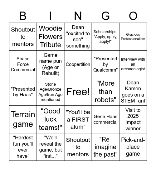FRC Kickoff Rebuilt Bingo Card