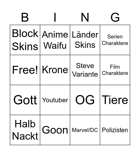 Minecraft Skin Bingo Card
