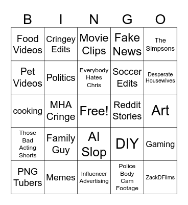 YouTube Shorts Bingo Card