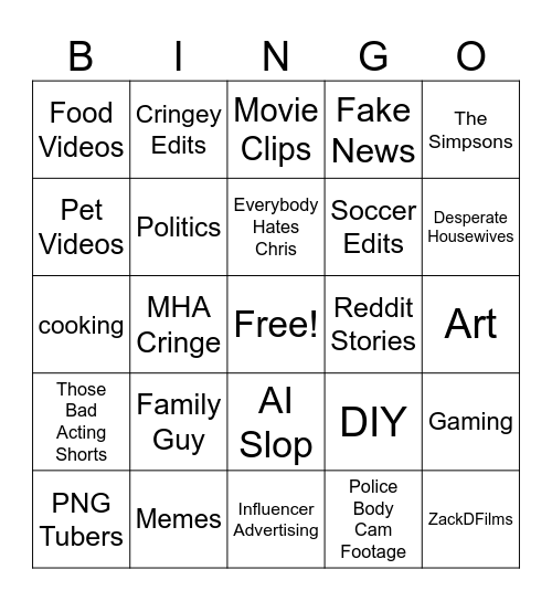 YouTube Shorts Bingo Card