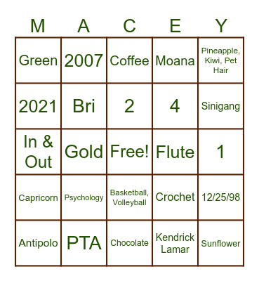 MaceWorld Bingo Card