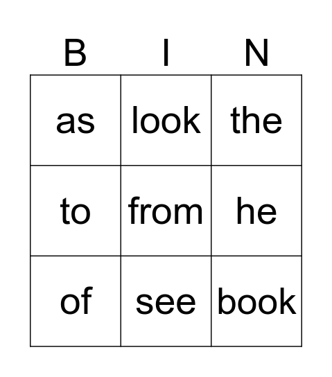 Heart Word Bingo Card