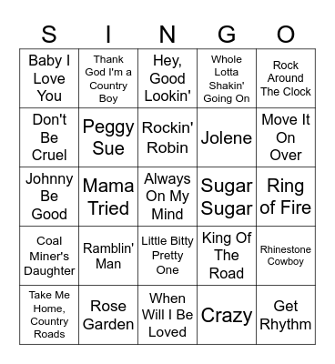 50's & 60's SINGO Bingo Card