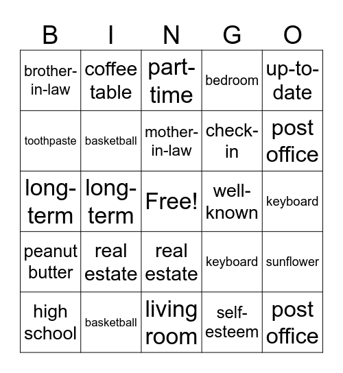 Compound Words Bingo Card