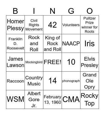 Tennessee History Bingo Card