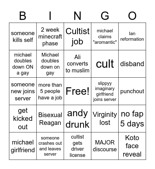 Milf Mafia 2026 Bingo Card