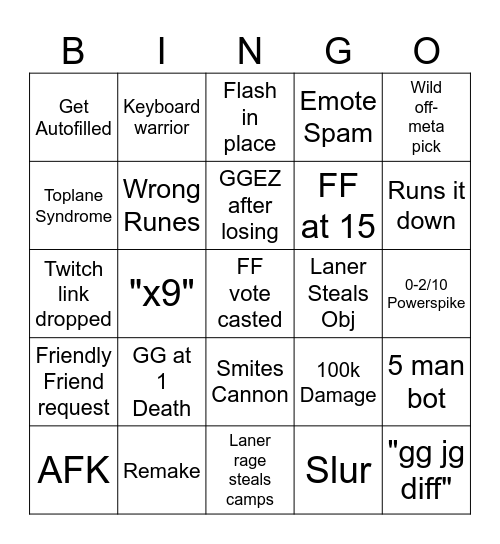 League Bingo Card Bingo Card
