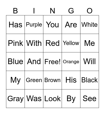 Sight Words Bingo Card