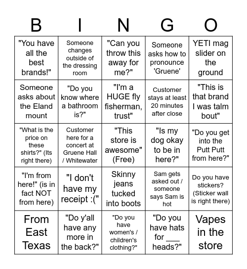 Gruene Outfitters Employee Bingo Card