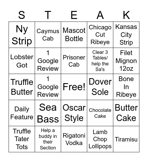 Rosebud Steakhouse Bingo Card
