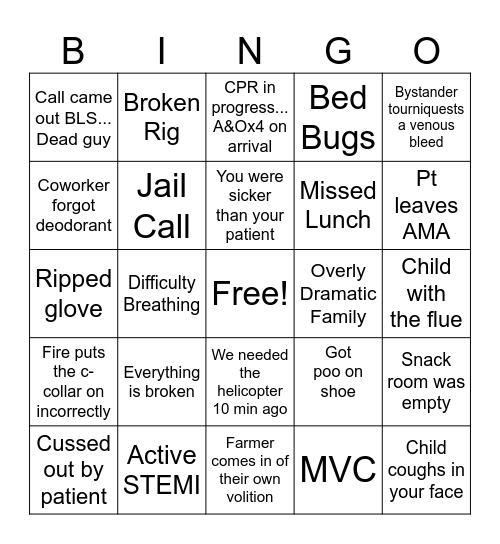 Emergency Healthcare Bingo Card