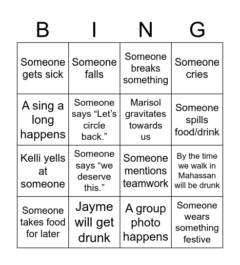 Staff Christmas Party Bingo Card