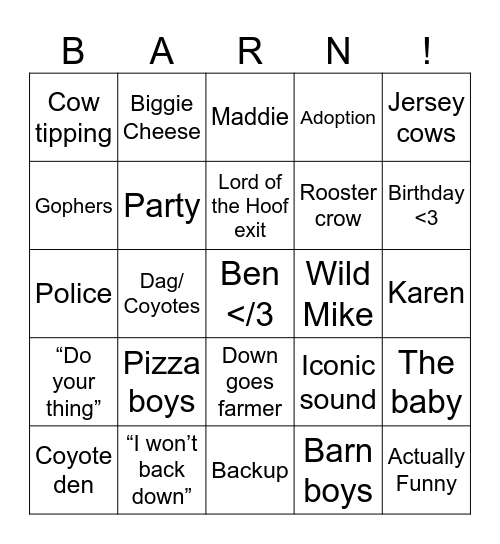 Barnyargo Bingo Card